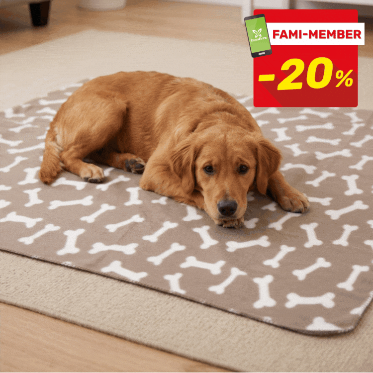Golden retriever lying on bone-pattern dog mat in three colour options (beige, grey, black) with Fami‑member -20% promo