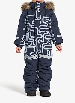 Child-sized navy winter snowsuit with white geometric print, fur-trimmed hood and full-length insulated coverall with front zip