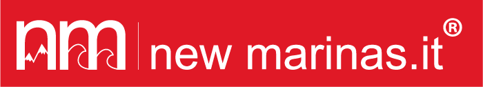 New Marinas logo on red banner: stylised 'nm' icon with wave motif and the text 'new marinas.it'
