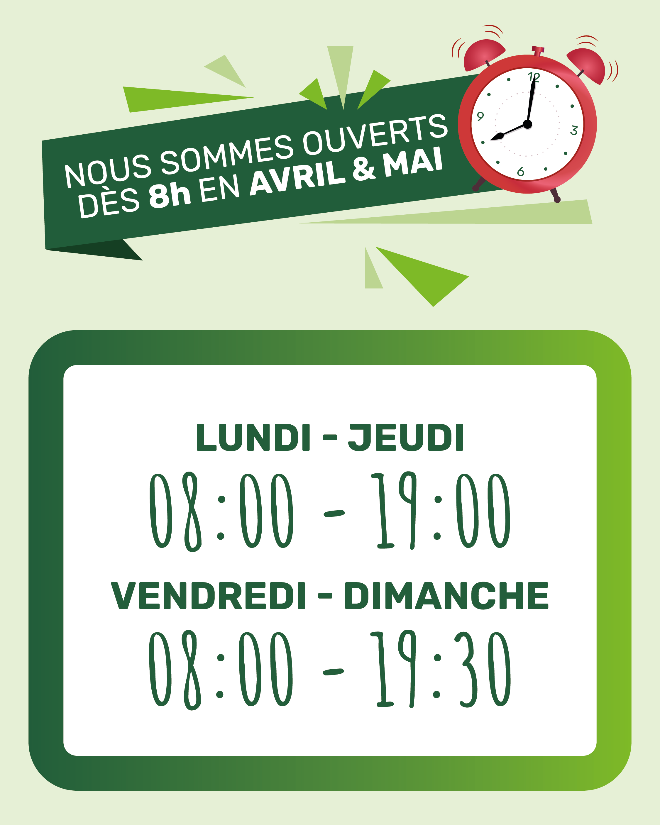 Opening hours: open from 08:00 in April and May. Monday–Thursday 08:00–19:00; Friday–Sunday 08:00–19:30.