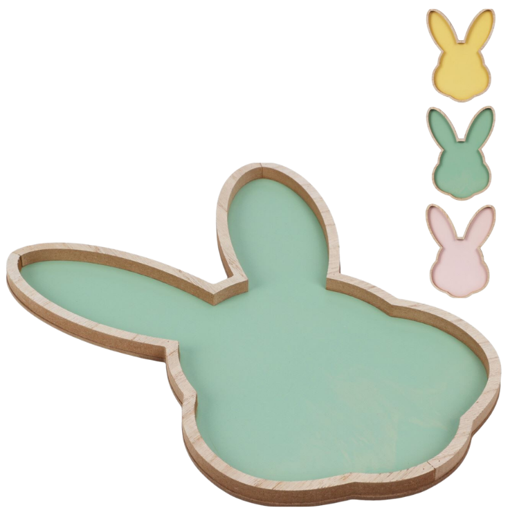 Wooden bunny-shaped tray with pastel green inset and three small pastel bunny accents (yellow, mint, pink) on white background