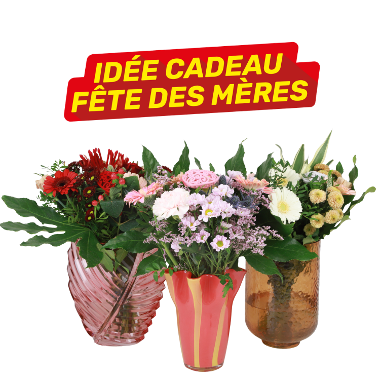 Bouquets of mixed flowers in decorative vases under a red banner reading 'Idée cadeau Fête des Mères' – Mother's Day gift idea