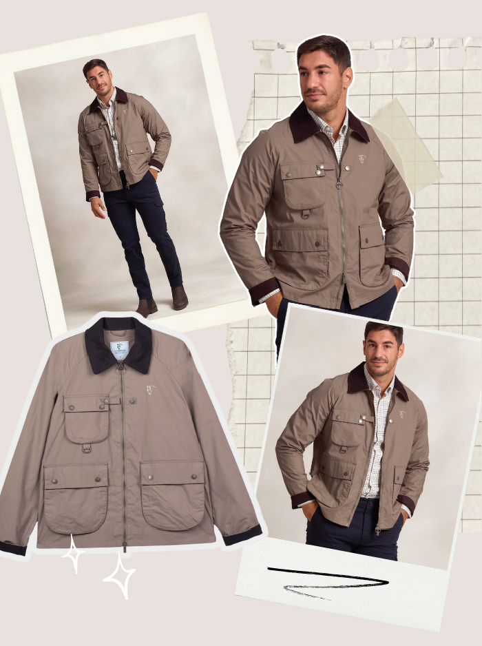 Chaqueta Kent encerada en color greige, prenda versátil de La Garrocha con detalles en pana y corte recto, ideal para entretiempo y tardes más frescas.