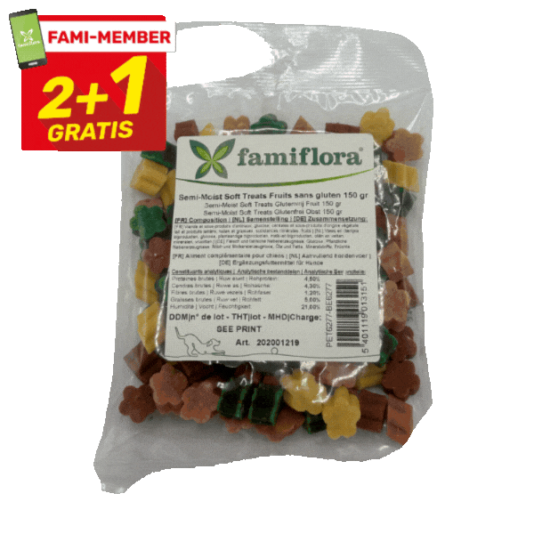 Nine packs of Famiflora soft pet treats in clear bags, assorted flavours, with red 2+1 gratis promo label
