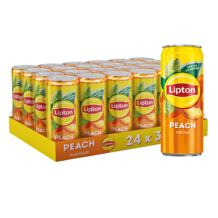 Pack of 24 Lipton Peach iced tea cans with yellow‑orange branding and peach imagery