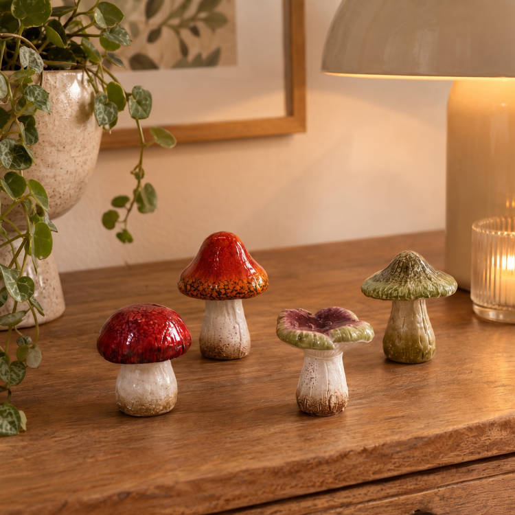 Four glazed ceramic mushroom ornaments in red, orange, green and purple on a wooden sideboard with a warm lamp and trailing plant