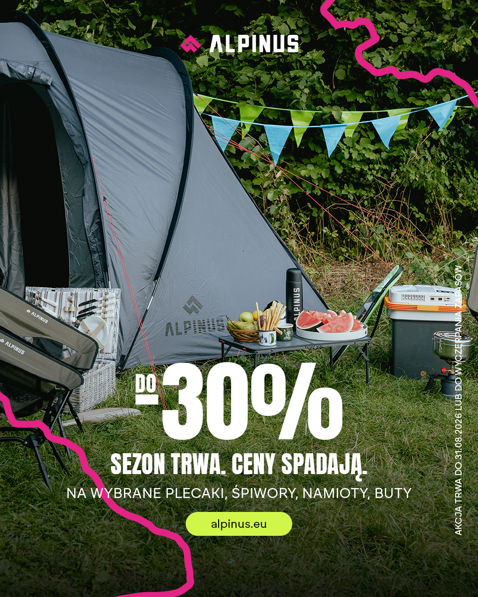 Alpinus camping scene: grey tent, chair, table with fruit and watermelon, cooler and bunting — seasonal sale up to 30% off on backpacks, sleeping bags, tents and boots