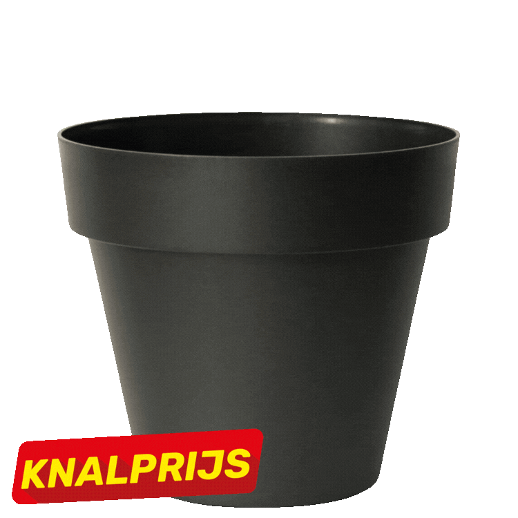 Seven plain plastic plant pots in assorted neutral colours (beige, taupe, grey, black) arranged in a grid with red "KNALPRIJS" sale labels