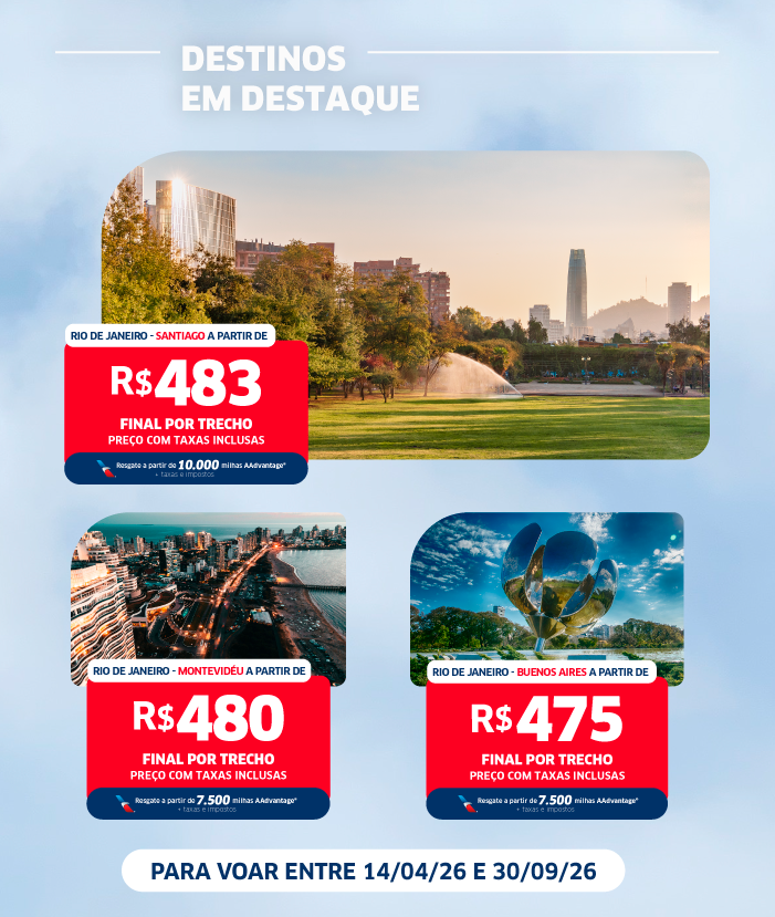 Promotional travel banner showing Rio de Janeiro to Santiago, Montevideo and Buenos Aires fares (R480, R$475) and travel dates 14/04/26–30/09/26