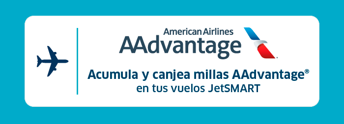 American Airlines AAdvantage logo with Spanish text promoting earning and redeeming AAdvantage miles on JetSMART flights