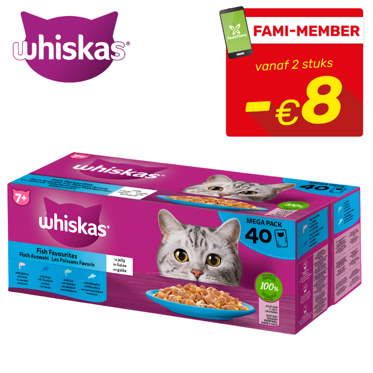 Whiskas Mega Pack 40 fish flavours in jelly cat food box with cat image and Fami-Member red €8 promotion badge