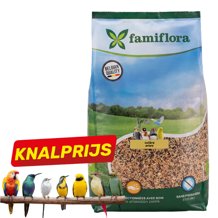 Famiflora aviary bird seed bag with Belgian Quality badge, colourful birds on perch and red KNALPRIJS sale banner