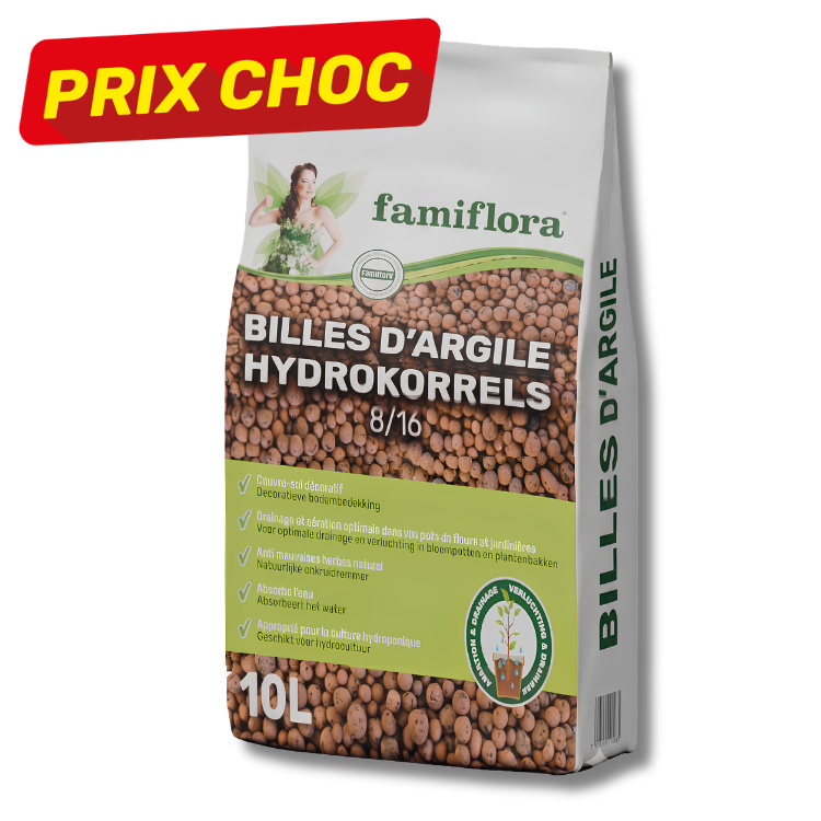 10L bag of Famiflora clay pebbles (hydroton/LECA) for drainage and hydroponics, product packaging with prominent 'PRIX CHOC' label