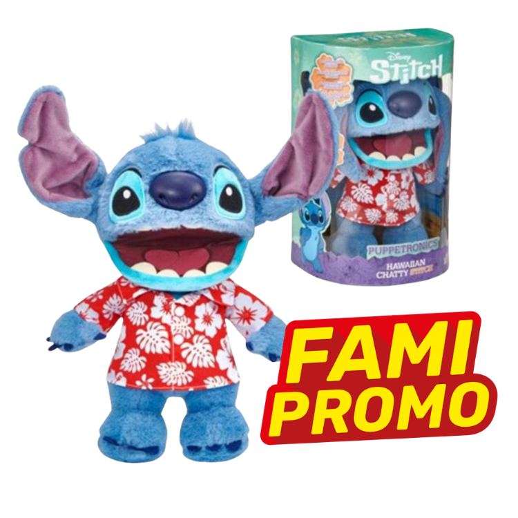Disney Stitch plush talking puppet wearing red Hawaiian shirt, open-mouthed cuddly toy shown with packaging and FAMI PROMO badge