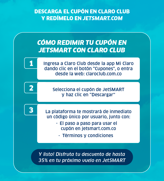 Instructions to redeem JetSMART coupon via Claro Club: download coupon, get unique code and enjoy up to 35% off a JetSMART flight