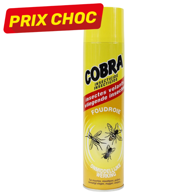 Yellow Cobra flying insecticide spray can with red 'PRIX CHOC' banner, for immediate removal of flies, mosquitoes and wasps