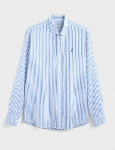 Camisa treviso de rayas de lino y algodon de hombre, en color blanco y marino