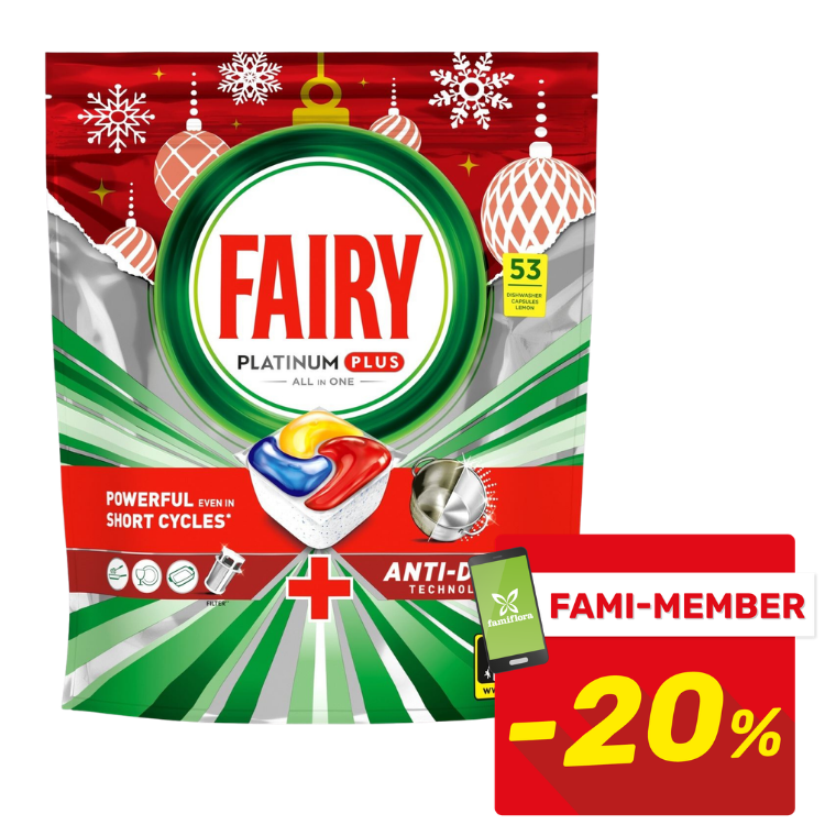 Pack of Fairy Platinum Plus dishwasher capsules (53) all-in-one lemon, festive packaging with -20% FAMI-MEMBER discount badge