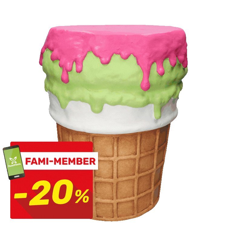 Grid of colourful ice cream cones, cupcakes, macarons and pineapple-shaped desserts with red "FAMI-MEMBER -20%" discount tags