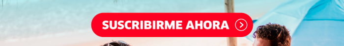 Red rounded call-to-action button reading 'SUSCRIBIRME AHORA' over a sunny beach scene with people under umbrellas