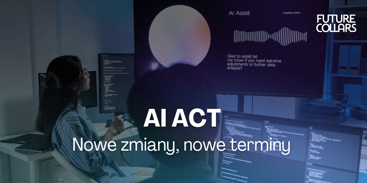 Developer at workstation with code on monitors and headline 'AI ACT — Nowe zmiany, nowe terminy' on screen, Future Collars logo