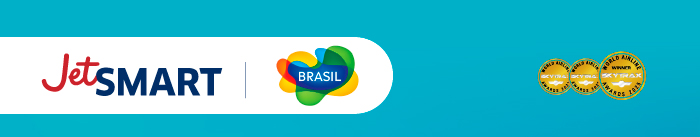 JetSMART airline logo with Brasil badge on teal banner and three gold award seals