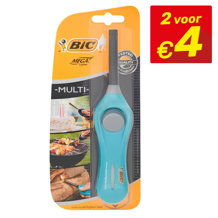 BIC Mega turquoise multipurpose long-neck lighter in blister pack with 2 voor €4 promotional sticker
