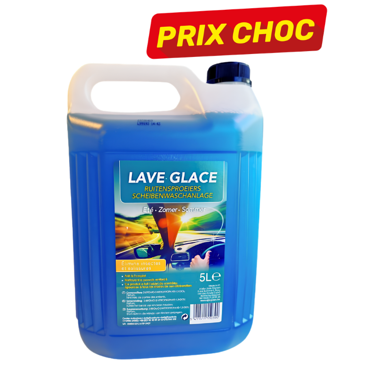 Blue 5L jug of Lave‑Glace summer windscreen washer fluid with label and red 'PRIX CHOC' price sticker