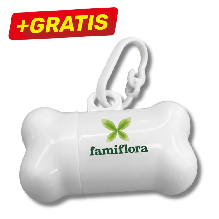 White bone-shaped dog waste bag dispenser with clip and Famiflora logo, shown with red '+GRATIS' free offer label