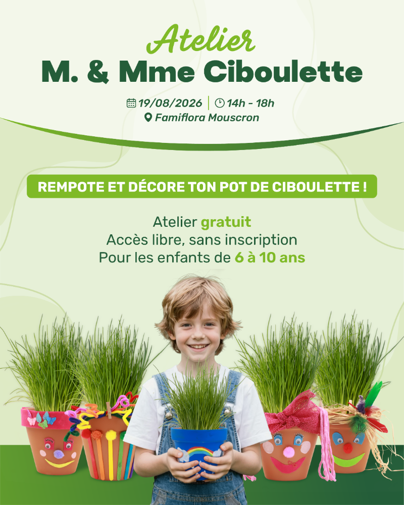 Atelier M. & Mme Ciboulette: child with decorated chive pot, colourful pots — free planting workshop for ages 6–10.