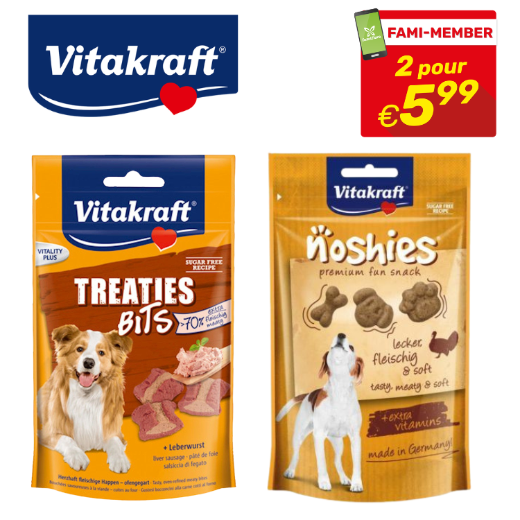 Vitakraft dog treats: Treaties Bits liver flavour and Noshies meaty snacks packs with Fami-Member offer 2 for €5.99
