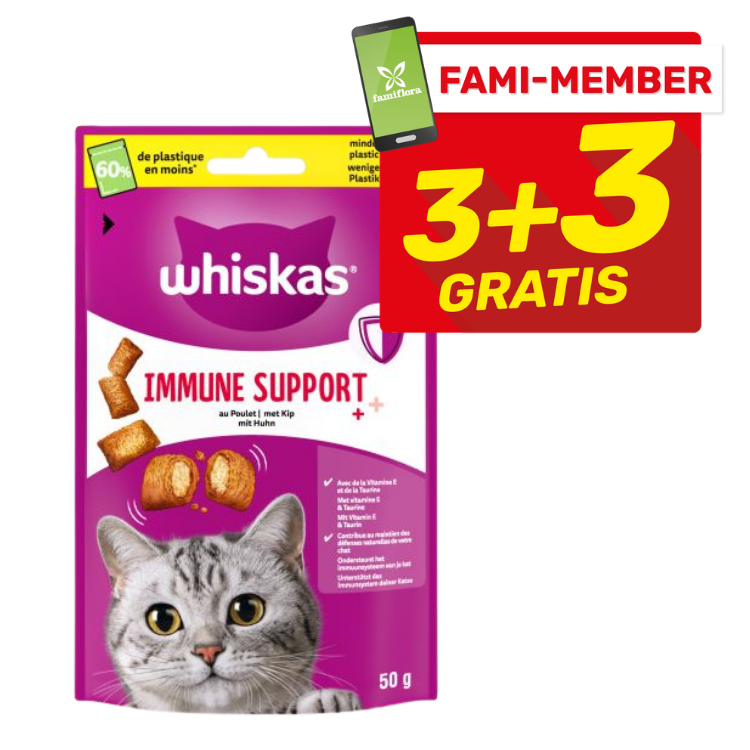 Whiskas Immune Support chicken cat treats 50g pouch showing a silver tabby cat and red Fami-Member 3+3 Gratis badge