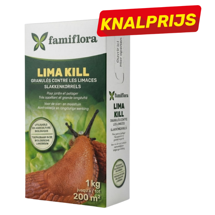 Box of Famiflora Lima Kill slug pellets 1 kg for gardens, green packaging with snail image and red 'KNALPRIJS' sale banner