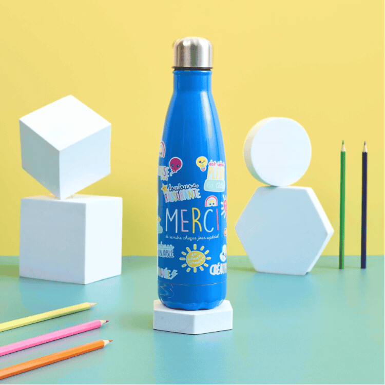 Grid of colourful reusable water bottles (blue and white) with white geometric shapes and coloured pencils on a yellow background