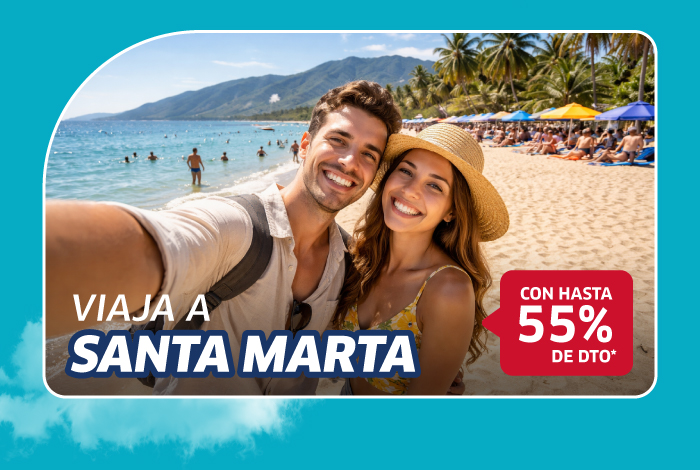 Smiling couple selfie on sunny Santa Marta beach with palm trees and mountains behind, travel offer up to 55% off