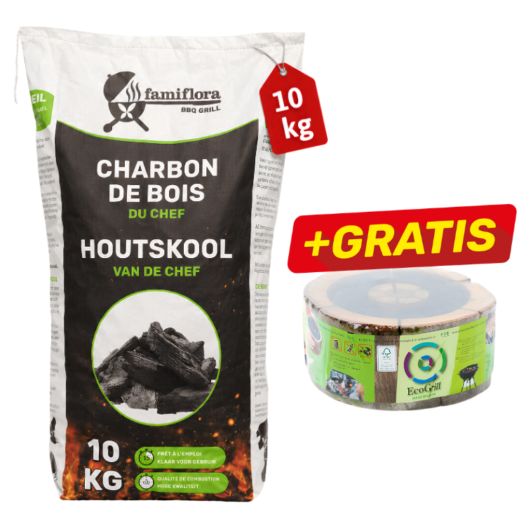 10 kg Famiflora BBQ charcoal bag with free EcoGrill firestarter disc – ready-to-use lumpwood charcoal for grilling