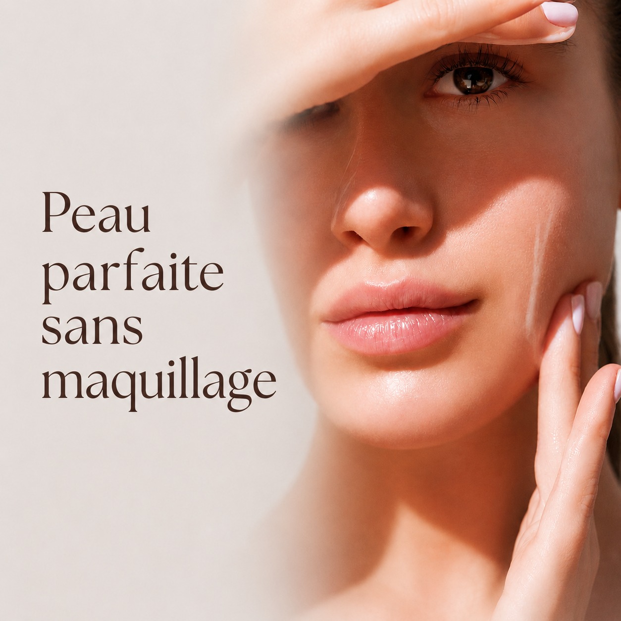 Close-up of a woman applying moisturiser to her cheek in natural light, showcasing clear, makeup-free skin
