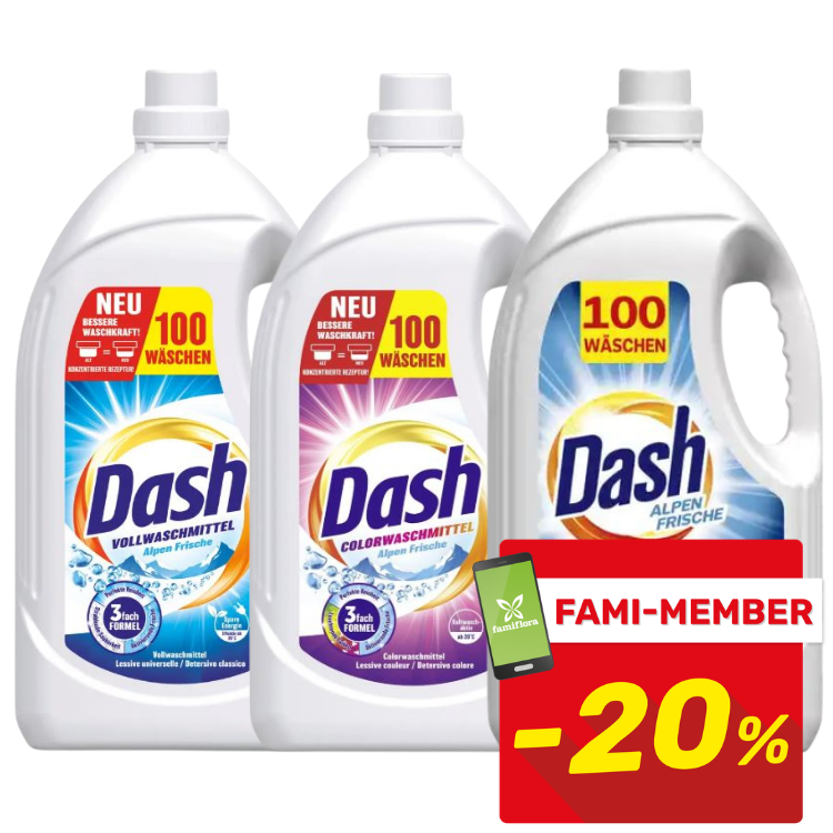 Three Dash laundry liquid bottles (Vollwaschmittel, Colorwaschmittel, Alpen Frische), 100 washes each, Fami-member 20% off badge