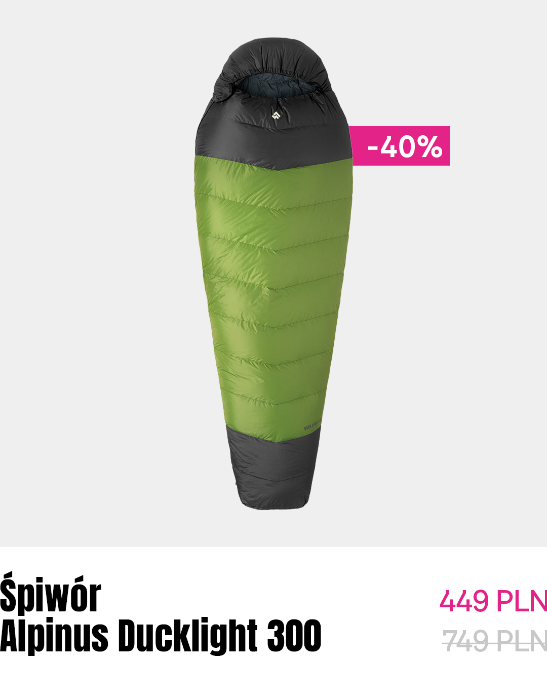 Alpinus Ducklight 300 green and dark grey mummy sleeping bag on white background with -40% sale tag