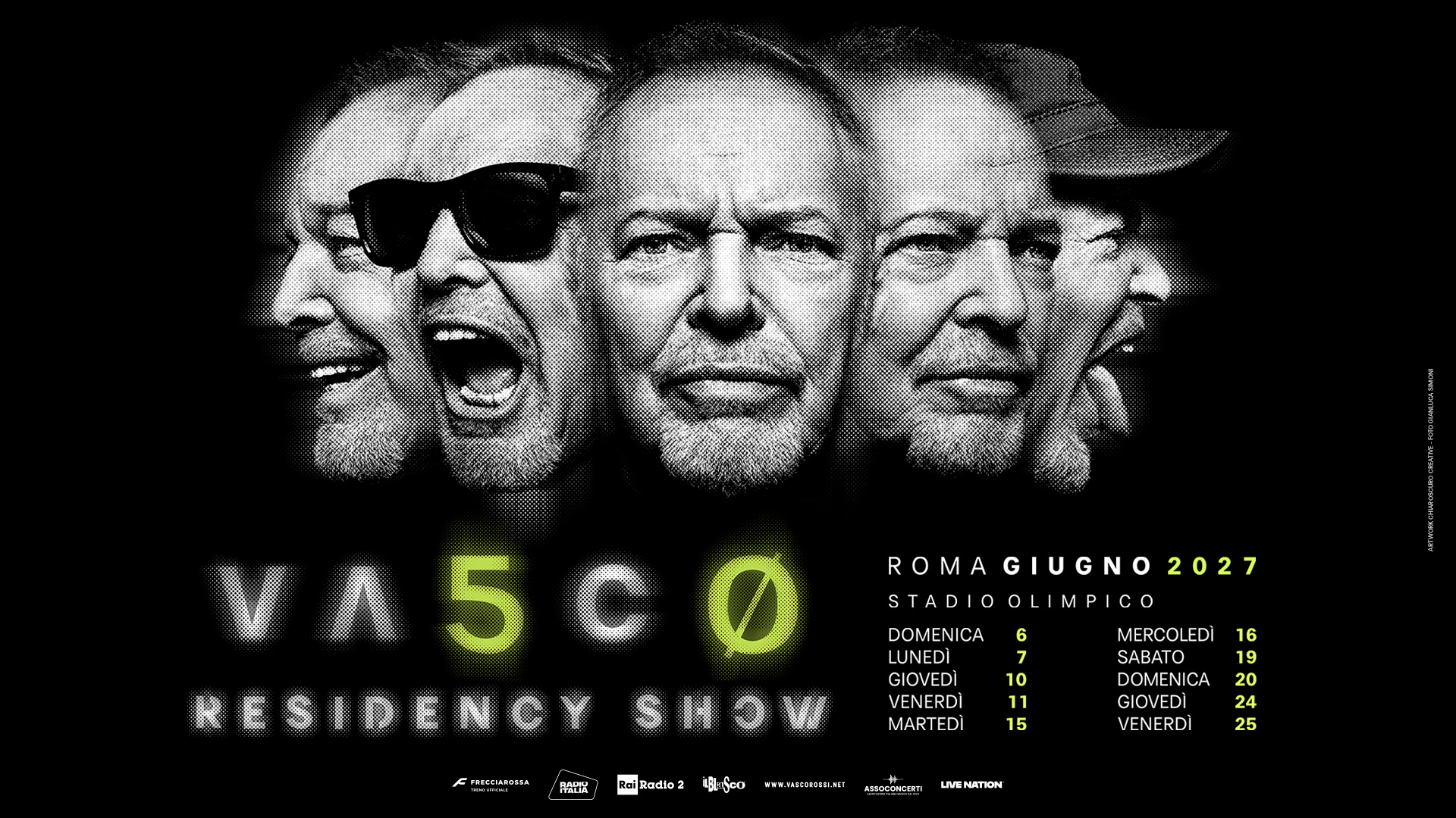 Black-and-white promotional poster with five expressive male faces in halftone, 'VA5C0 Residency Show' and Rome Stadio Olimpico June 2027 dates