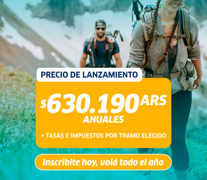 Smiling female hiker with backpack on mountain trail, man hiking behind, overlaid graphic showing annual price in ARS