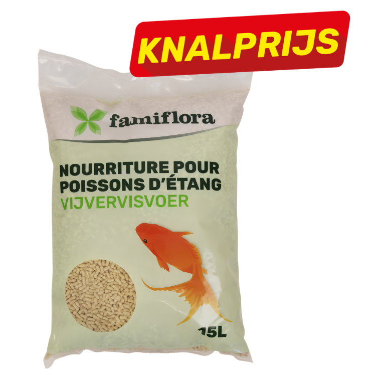 Bag of Famiflora pond fish food (15L) with goldfish illustration and visible pellets, promotional "KNALPRIJS" sale banner