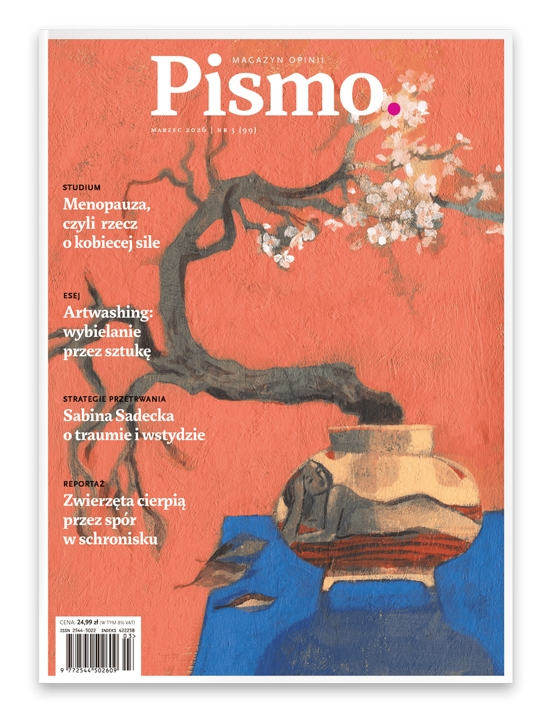 Magazine cover 'Pismo' with painted cherry-blossom branch in a vase on coral background, Polish article headlines visible