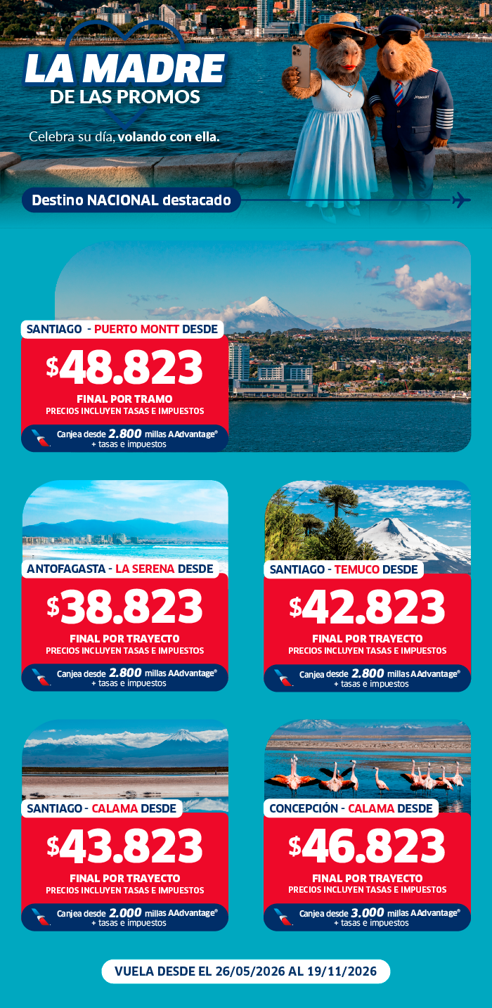 Promotional flight ad: two teddy mascots (mother and pilot) by waterfront with city view and red price panels for Chilean routes.