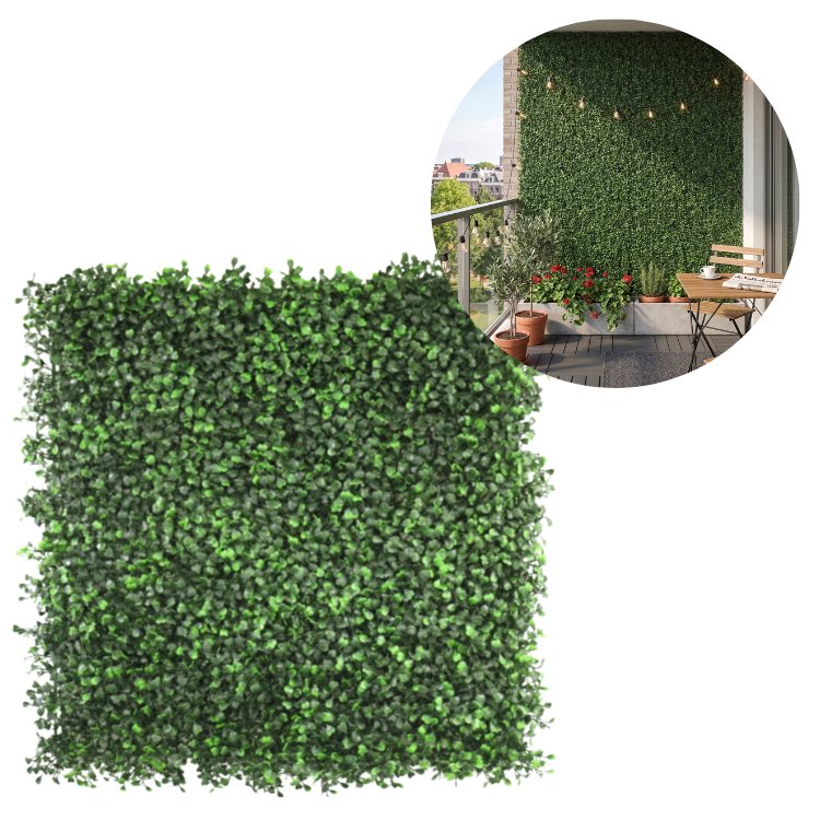 Artificial boxwood hedge panel for balcony privacy; dense green foliage square panel shown with balcony installation inset
