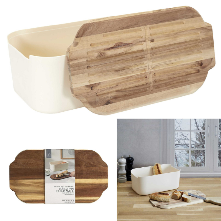 Cream plastic bread box with removable acacia wooden cutting board lid, doubles as serving board and bread basket