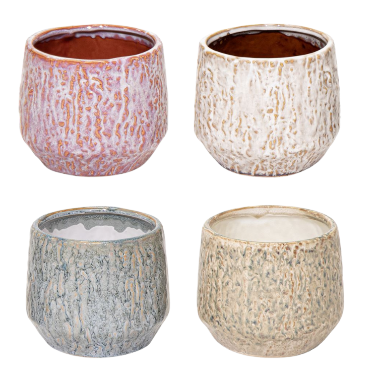 Set of four textured ceramic plant pots in pink, white, blue and beige with rustic glazed finish, round