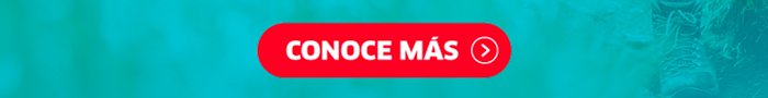 Red rounded 'Conoce Más' call-to-action button on teal background with a faint trainer at right