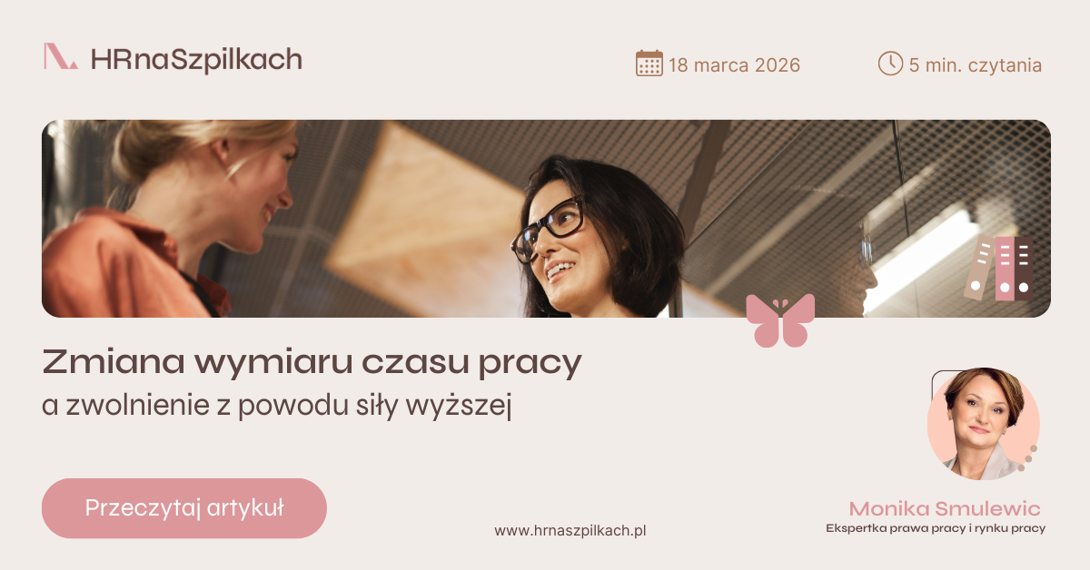 Website banner showing two professional women talking in an office; article title Zmiana wymiaru czasu pracy and author photo