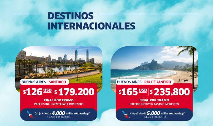 Promo fares: Buenos Aires–Santiago 179,200) and Buenos Aires–Rio de Janeiro 235,800); AAdvantage miles available
